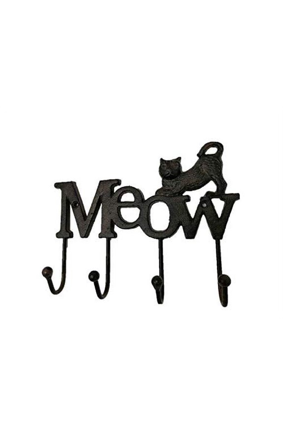 Antique and Vintage Animal Collection 6" Cast Iron Cat Meow Four Key Hooks Key Chain Wall Hanger