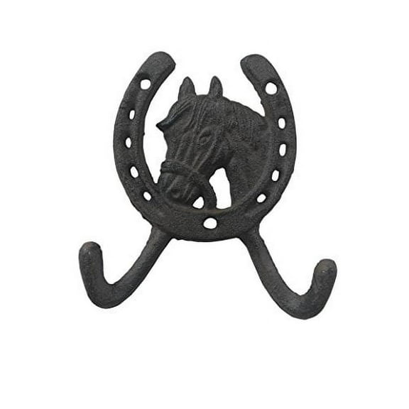 Comfy Hour Antique and Vintage Animal Collection Cast Iron Horse Head Horseshoe Double Key Coat Hooks Wall Hanger Clothes Rack, Heavy Duty Recycled