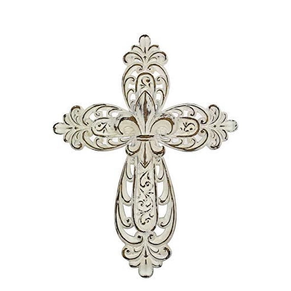 Comfy Hour Faith and Hope Collection 12" White Handmade Antique Cross, Art Wall Decor, Vintage Style, Resin