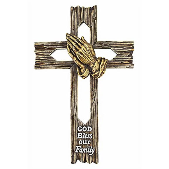 Comfy Hour Faith and Hope Collection God Bless Our Family, Praying Hand Faux Wood Wall Cross, Religious Decoration, Polyresin