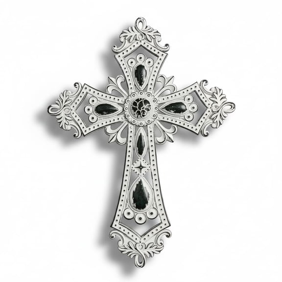 Comfy Hour 13.8 x 9.8 x 1 in Polyresin Victorian Wall Cross, Distressed White, 1 Piece