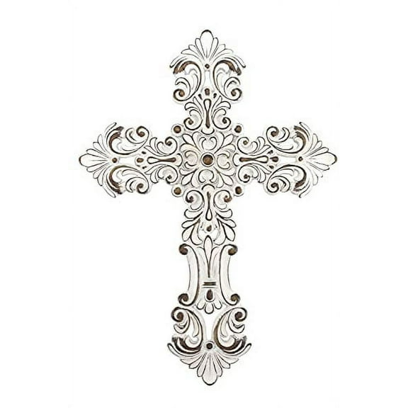 Comfy Hour Faith and Hope Collection White Flower Hollow Out Wall Cross, Religious Decoration, Antique Style, Polyresin