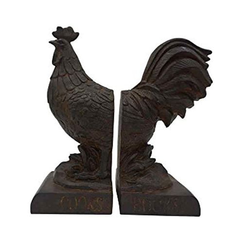 Comfy Hour Farmhouse Collection 9" Length 6" Height Set of 2 Rooster Design Art Bookends, 1 Pair, Antique Style, Heavy Weight, Rusty Effect, Polyresin