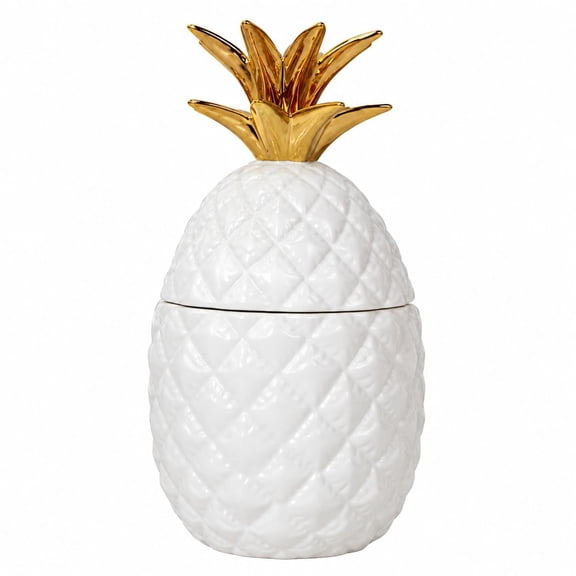 Comfy Hour White & Gold Dolomite Ceramic Pineapple Cookie Jar, 5 x 4.9 x 9.3 in, 1100 mL