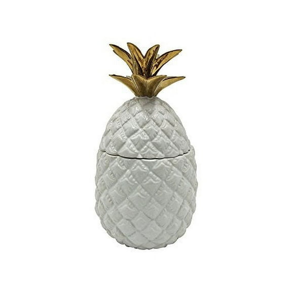Comfy Hour Farmhouse Collection 9" Pineapple Candy, Cookie Storage Jar With Lid, High Gloss White and Gold Stoneware