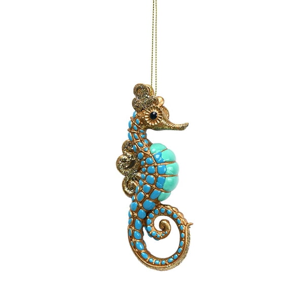 Comfy Hour 5.1 in H Resin Teal & Gold Jeweled Seahorse Hanging Ornament, 1 Unit