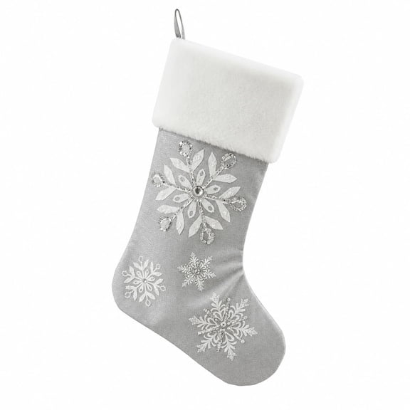 Comfy Hour 18" x 11" Silver Fabric Snowflake Christmas Stocking with Faux Fur Trim, 1 Unit