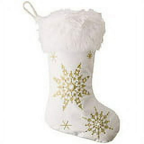 Comfy Hour Let It Snow Collection 18"x11" Christmas Winter Snowflake Stocking, Soft Plush Velvet Snowflake Embroidery Stocking, White and Gold, Polyester