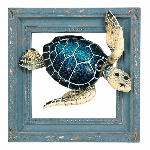 Comfy Hour 6 in Sea Turtle 3D Wall Art, Polyresin Teal Frame Decor, 1 Piece