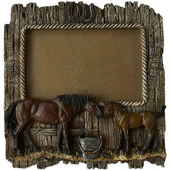 Comfy Hour Western Retro Collection Wild Rustic Wood Imitated Double Horse 6" x 4" Photo Picture Frame, Aged Old Fashioned - Brown, Polyresin