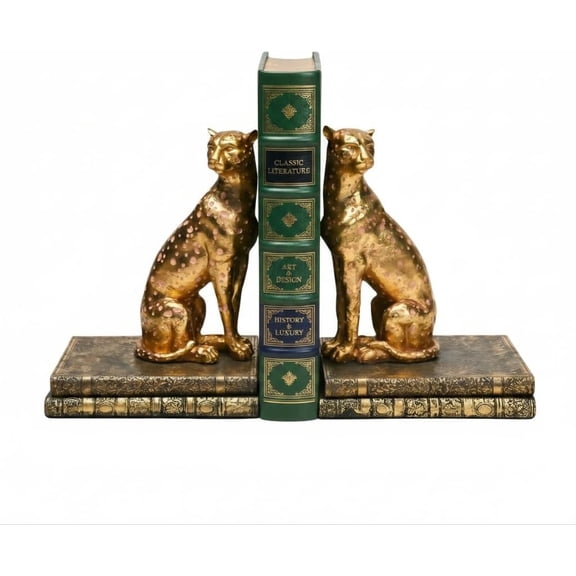 Comfy Hour Wildlife Collection 8.2" Cheetah Art Bookends, Solid Heavy Set of L/R, Animal Decoration, 1 Pair, Gold, Polyresin