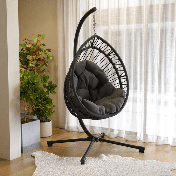 Comfy Indoor Outdoor Egg Chair, Patio Wicker Swing Egg Shaped Chair with Stand, Indoor Rocking Chair with Cushion, 350lbs Hammock Egg Shaped Chair for Balcony Backyard Bedroom, Dark Gray