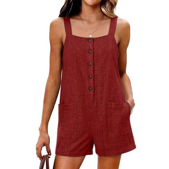 Comfy Jumpsuits for Women Womens Lightweight Short Overall, Wide Strap Button Front Casual Cotton Romper with Pockets Summer Beach Vacation Wear Red L