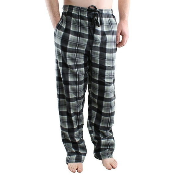 Comfy Lifestyle Men’s Fleece Plaid Pajama Pants, Soft and Cozy, Lightweight Drawstring Lounge Bottoms with Pockets, Black Grey Plaid PL15, Large