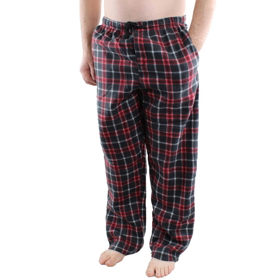 Comfy Lifestyle Men’s Fleece Plaid Pajama Pants, Soft and Cozy, Lightweight Drawstring Lounge Bottoms with Pockets, Red Black Plaid PL19, Large