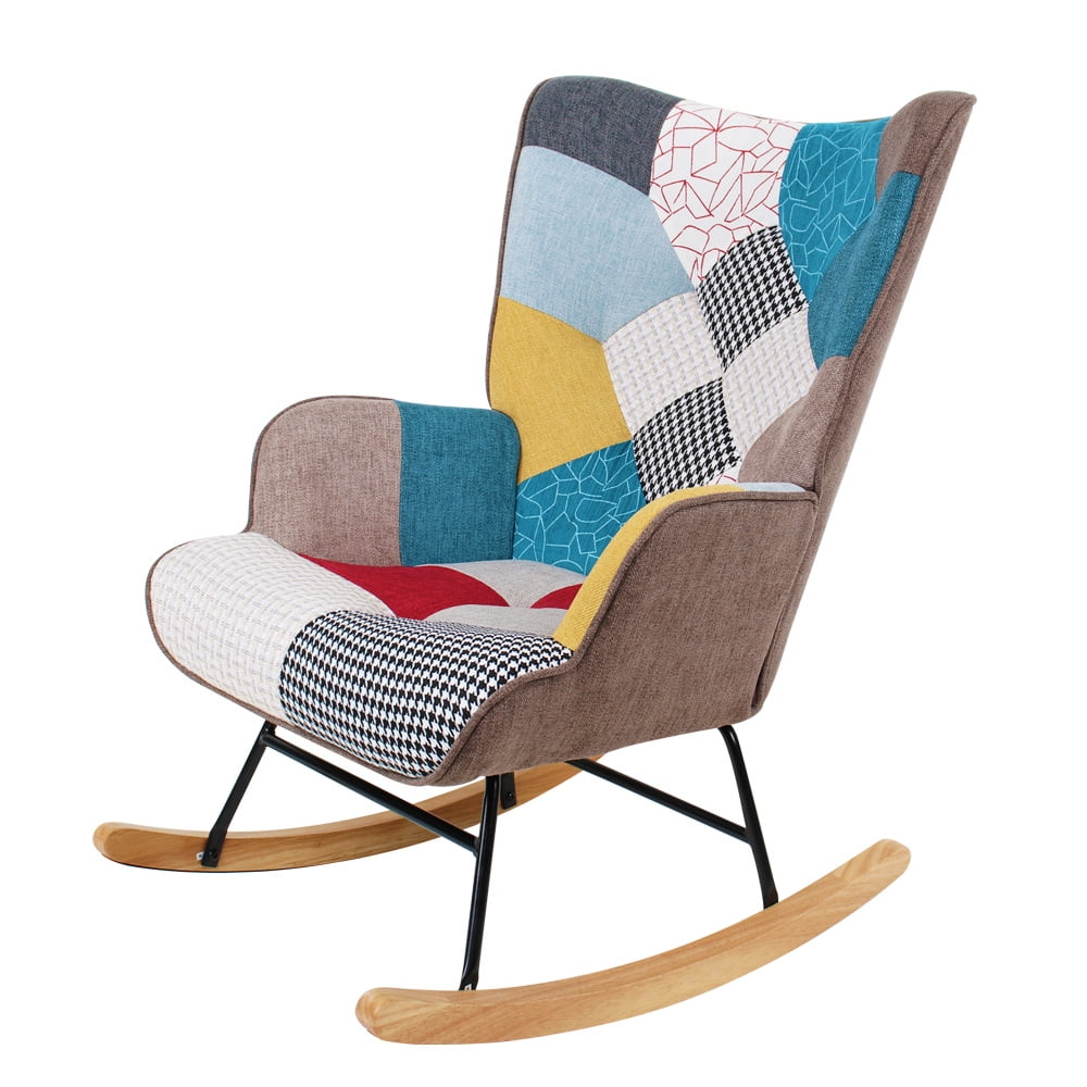 Comfy Linen Fabric Rocking Chair with Patchwork and Wood Legs ...