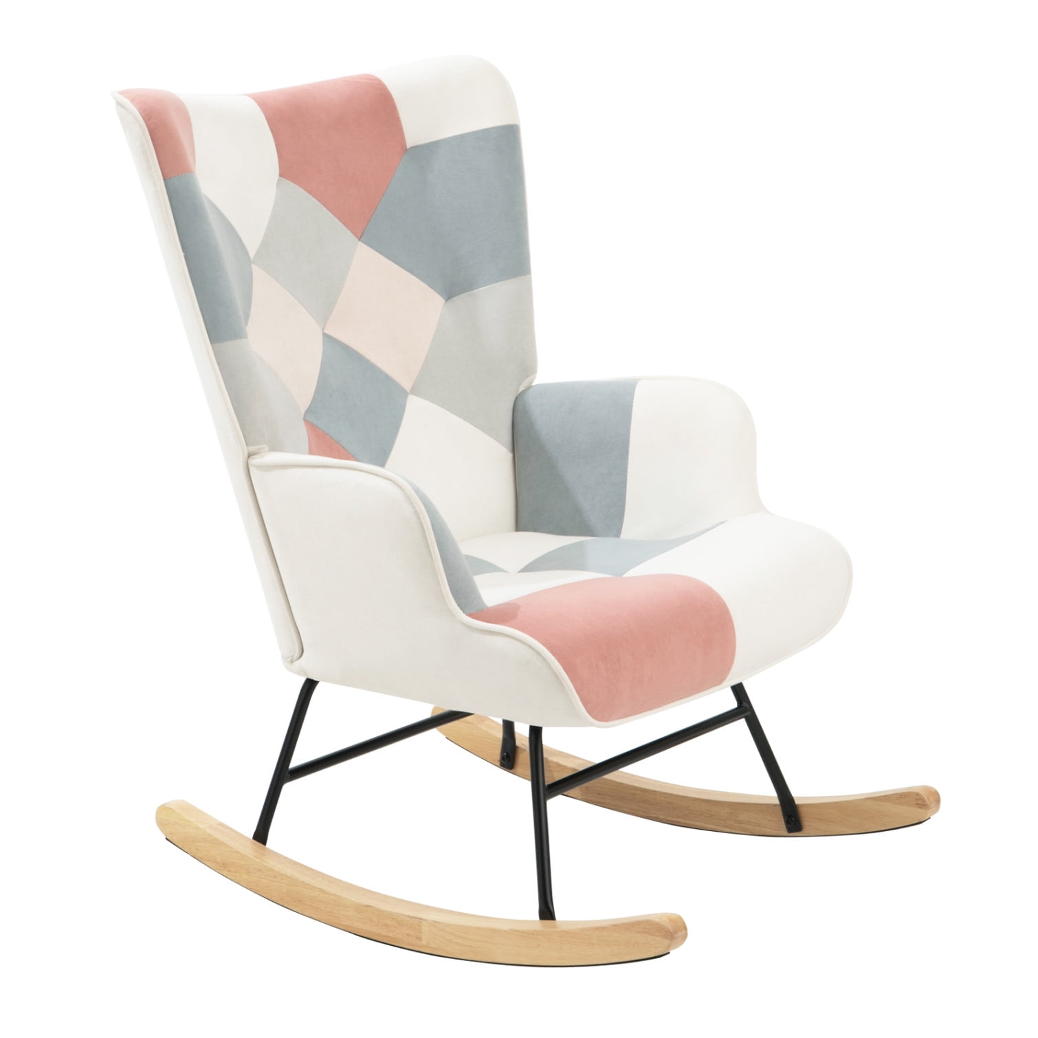 Comfy Linen Fabric Rocking Chair with Patchwork and Wood Legs ...