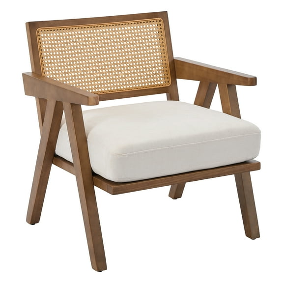 Comfy Living Room Chairs with Sturdy Wood Legs, Accent Chair Mid Century Modern, Rattan Backrest & Beige Thick Linen Cushion, Armchair for Bedroom Balcony Apartment