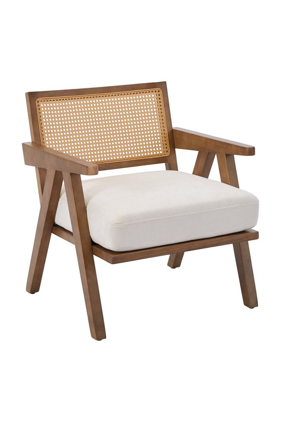 Comfy Living Room Chairs with Sturdy Wood Legs, Accent Chair Mid Century Modern, Rattan Backrest & Beige Thick Linen Cushion, Armchair for Bedroom Balcony Apartment