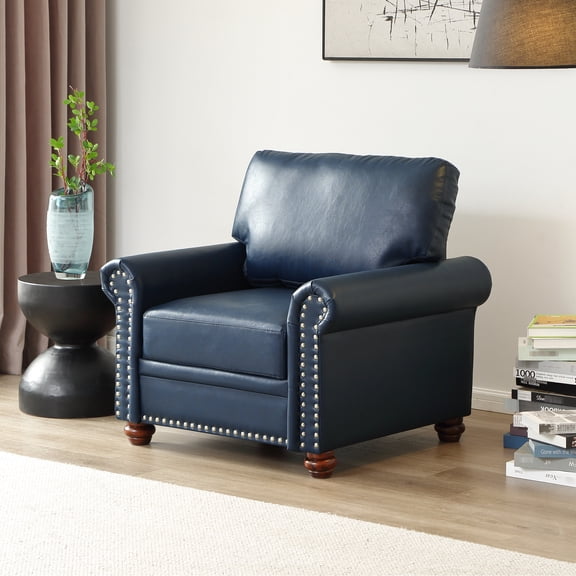 Comfy Living Room Seat In Navy Blue With And Solid Wood Faux Leather Chair, Legs, Resilient For Use
