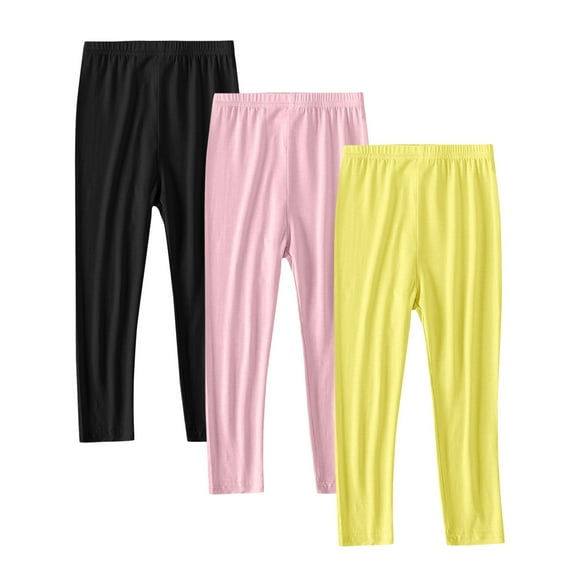 Comfy Loose with Pockets 3PC Girls Soft Stretchy Leggings Pants, Solid Color Full Length Basic Cotton Legging Footless Tight Pants Sweatpants Children Trousers Yellow 3Y