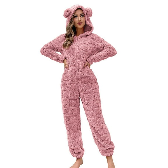 Comfy Loungewear Set Silk Pajamas for Women Cozy Women's Hooded Long Sleeve Jumpsuit for Fall and Winter Soft Warm Coral Pajama Home Wear for Comfort and Relaxation