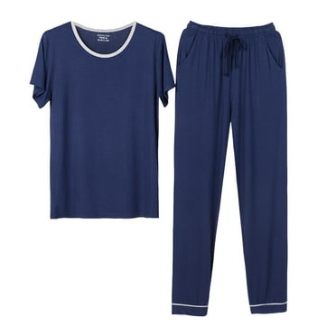 Comfy Mens Modal Sleepwear 2 Piece Big & Tall Pajamas Set Short Sleeve Tops Long Pants Crew Neck Fall Lounge Wear Navy, 2XL