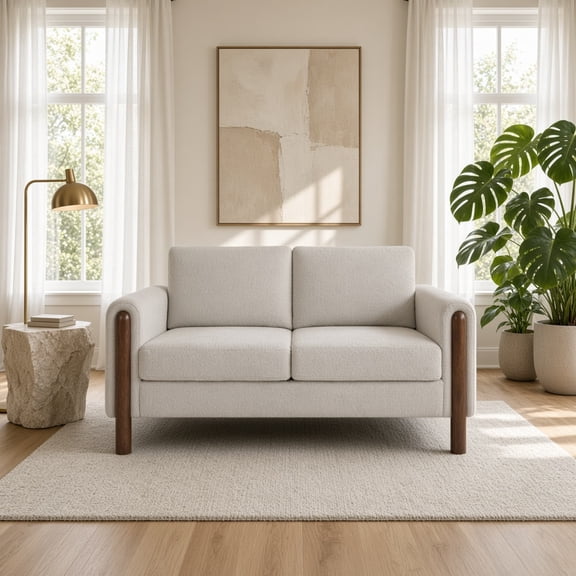 Comfy Mid-Century Modern Loveseat, Small 2-Seater Sofa with Walnut Legs & Pillows, Teddy Fabric Couch for Living Room, Bedroom, Office, Gray
