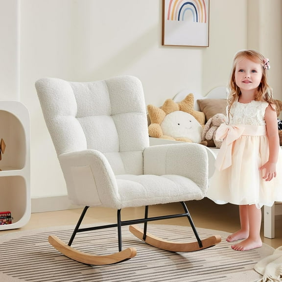 Comfy Nursery Rocking Chair, Teddy Upholstered Glider Rocking Chair with Ergonomic Backrest, Armrest, Side Pocket, Modern Reading Chair, Soft Accent Armchair for Living Room Bedroom