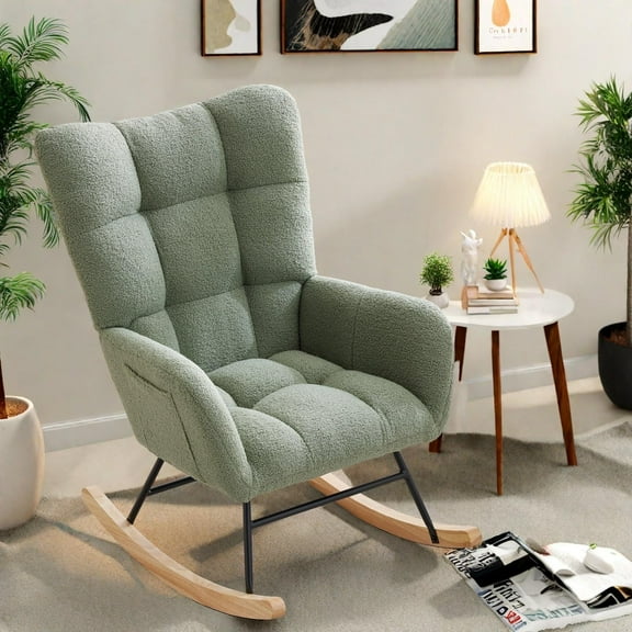 Comfy Nursery Rocking Chair, Teddy Upholstered Glider Rocking Chair with Ergonomic Backrest, Armrest, Side Pocket, Modern Reading Chair, Soft Accent Armchair for Living Room Bedroom