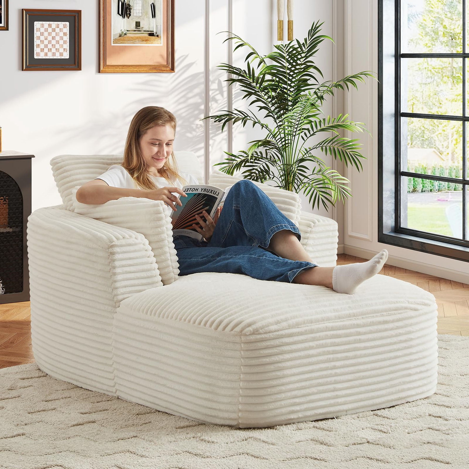 Comfy Oversized Corduroy Chaise Lounge Chair in Neutral Color, 1 Seat