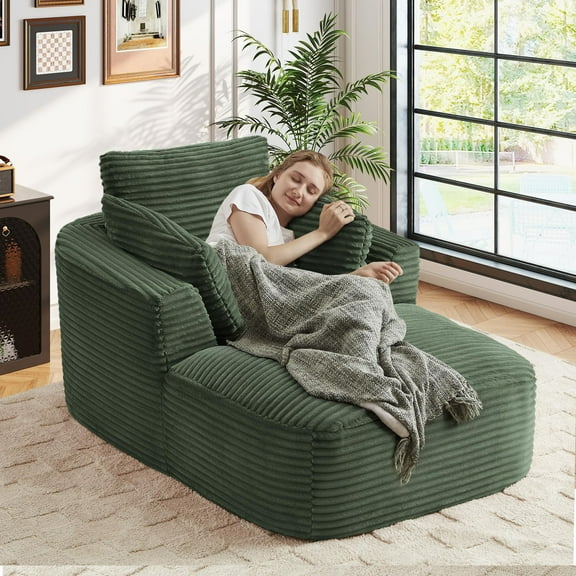 Comfy Oversized Corduroy Chaise Lounge Chair in Neutral Color, 1 Seat Modern Sofa Couch for Living Room Apartment