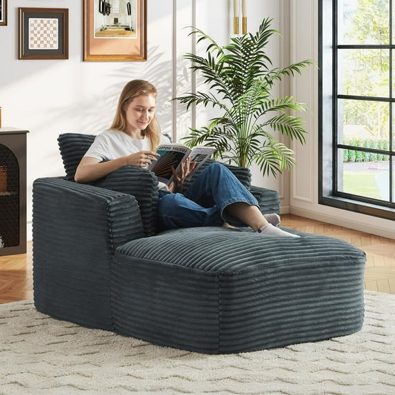 Comfy Oversized Corduroy Chaise Lounge Chair in Neutral Color, 1 Seat Modern Sofa Couch for Living Room Apartment