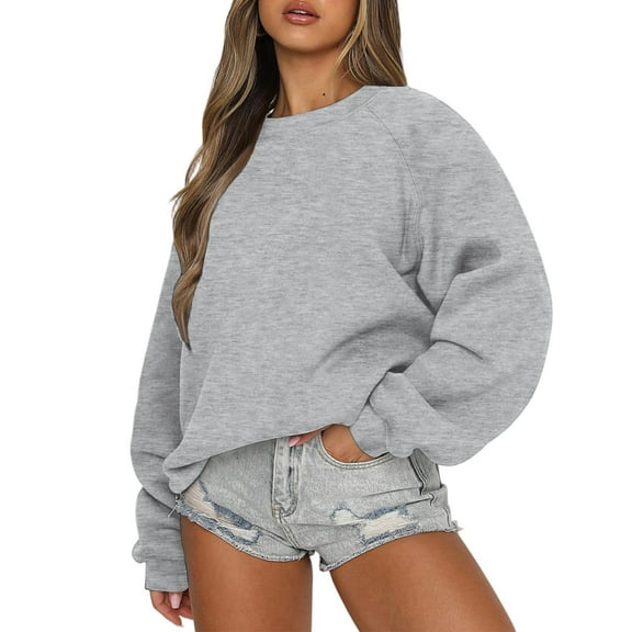 Comfy Oversized Pullover Sweatshirt for Women – Fleece Lined Crewneck Long Sleeve Top with Thumb Hole Cuffs, Great for Fall and Winter Casual Outfits Gray