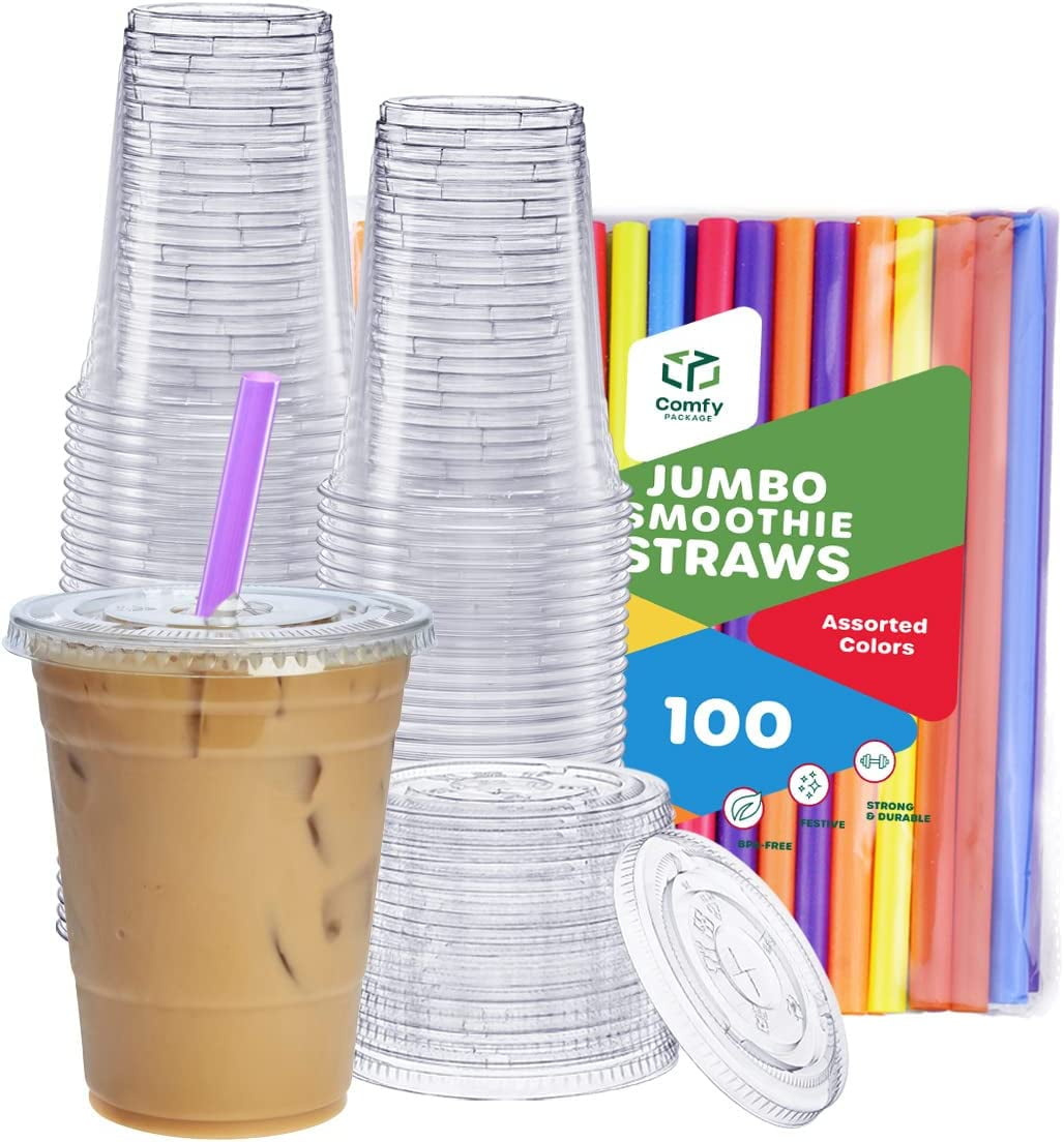 [100 Pack] 16 oz Clear Plastic Cups with Flat Lids and Clear Straws,  Disposable Iced Coffee Cups, BP…See more [100 Pack] 16 oz Clear Plastic  Cups with