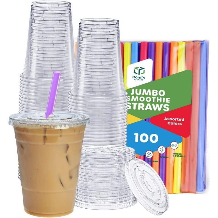 Comfy Package Clear Plastic Cups 16 Oz Disposable Coffee Cups with Lids,  100-Pack