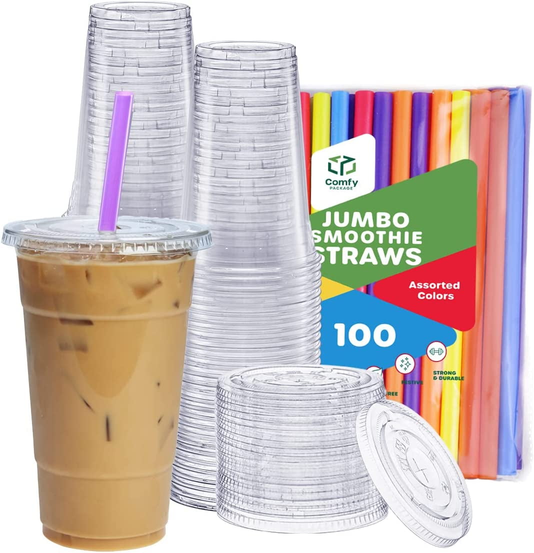 GUSTO 24 Oz Clear Plastic Cups with Flat Lids & Straws for Coffee, Slushie, Milkshakes, 100-Pack