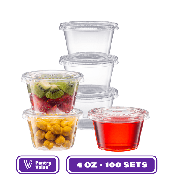 Pantry Value 4 Oz Condiment Containers Small Plastic Containers with Lids, 100-Pack