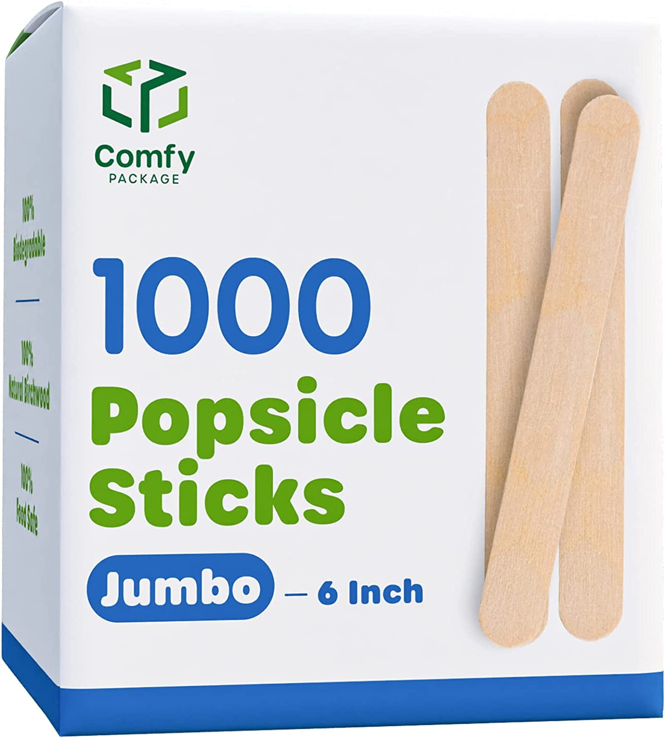 Comfy Package 1000 Count Jumbo 6 inch Wooden Multi-Purpose Popsicle Sticks Craft Ices Ice Cream Wax Waxing Tongue Depressor Wood Sticks