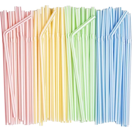 Comfy Package 7.75” Flexible Straws Drinking Plastic Disposable Bendy Straws, 200-Pack Striped Assorted