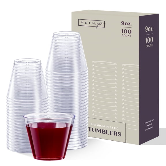 SETUP 9 oz Clear Disposable Plastic Cups, Durable Leak Proof Party Cups for Cocktails and Drinks, 100 Count