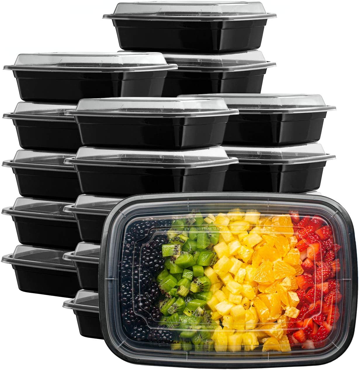 LEOBOX Meal Prep Containers, 65 Pack Clamshell Food Containers 7.8 Inch  Black 3 Compartment To Go Containers