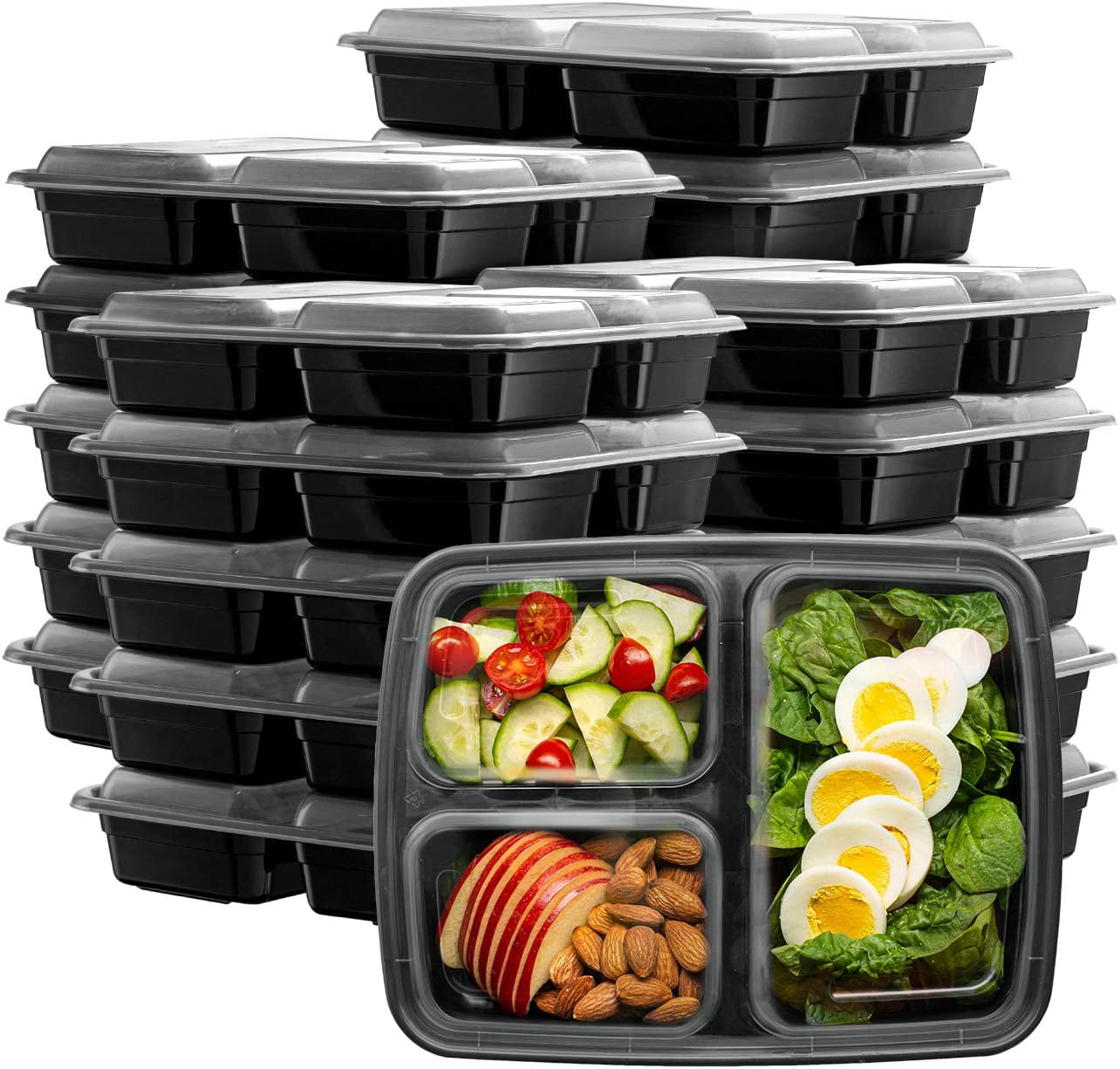 [135 Pack] 3 Compartment Black Disposable Container with Lids, Meal Prep  Container, Food Storage Bento Box, Disposable, Stir Fry | Lunch Boxes | BPA