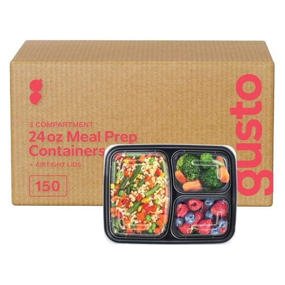 Comfy Package [Case of 150 24 oz. 3 Compartment Meal Prep Containers Reusable - Microwaveable, Dishwasher and Freezer Safe, BPA-Free, Portion Control and Convenience Food Storage with Lids, Stackable