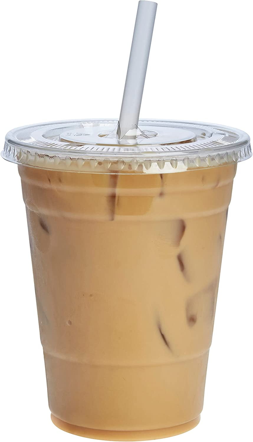 Comfy Package Clear Plastic Cups 16 Oz Disposable Coffee Cups with Lids,  100-Pack 