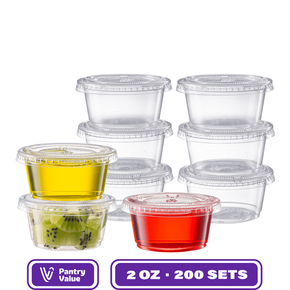 GUSTO 2 oz Plastic Jello Shot Cups with Lids, Disposable Condiment and Sauce Cups with Airtight Lids, 200 Count