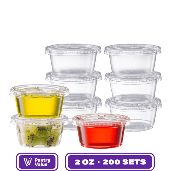 Pantry Value 2 oz Jello Shot Cups with Lids, Plastic Portion Cups with Lids, Disposable Condiment Cups and Sauce Containers for Dressings, Dips and Samples, 200 Sets