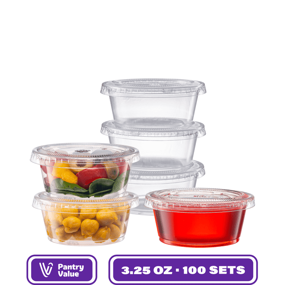 GUSTO 3.25 Oz Plastic Jello Shot Cups with Lids, Disposable Sauce Containers, Clear, 100 Count