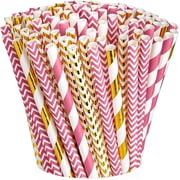 Comfy Package Hot Pink and Gold Biodegradable Straws, Disposable Paper Straws for Drinking, Assorted, 200 Count