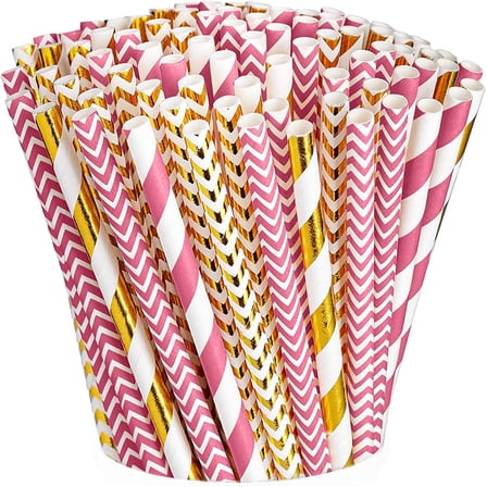 Comfy Package Hot Pink and Gold Biodegradable Straws, Disposable Paper Straws for Drinking, Assorted, 200 Count